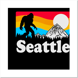 Seattle Washington Bigfoot Mountains Retro Distressed 80s Posters and Art